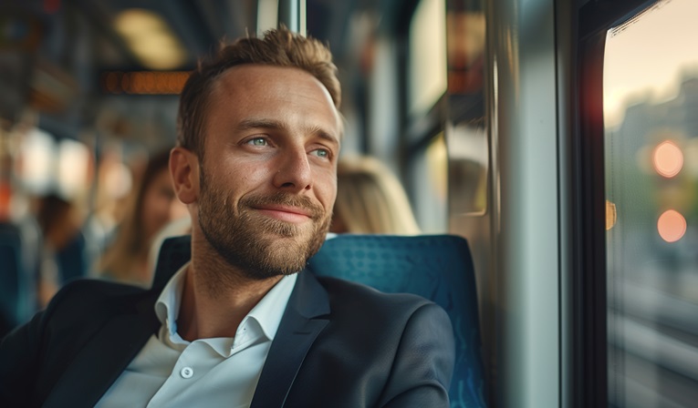 Berufspendler nutzt öffentliche Verkehrsmittel um zur Arbeit zu fahren